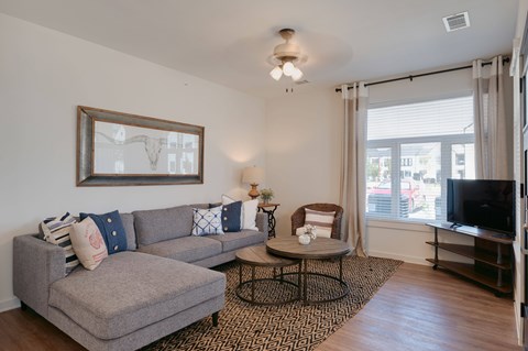 A living room with a grey couch and a coffee table.